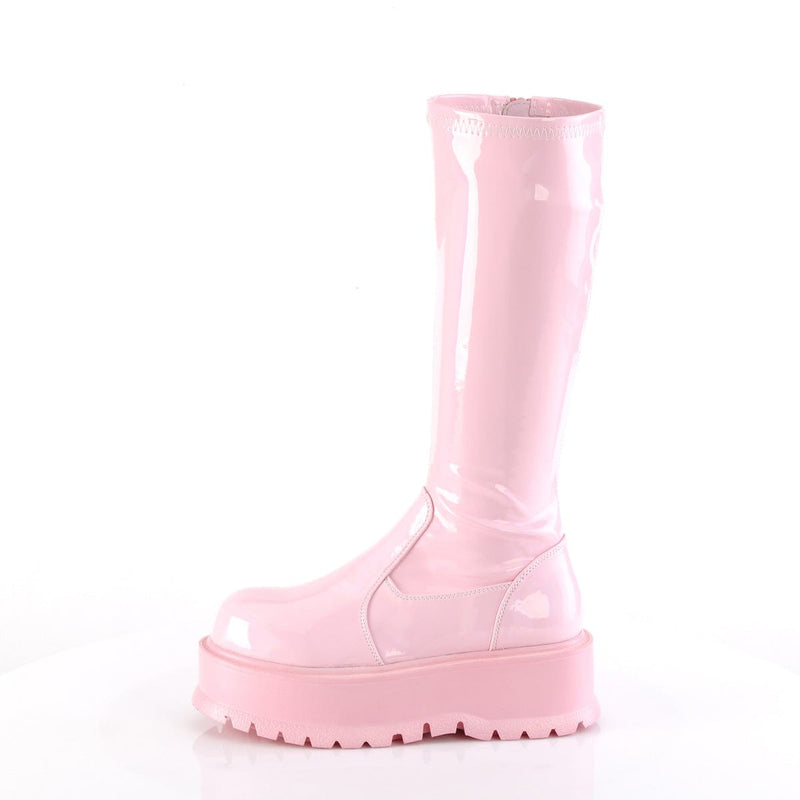 Demonia SLACKER-200 Knee High Boot (Baby Pink Holo Patent)