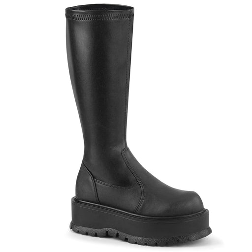 Demonia SLACKER-200 Knee High Boot (Black Stretch Vegan Leather)