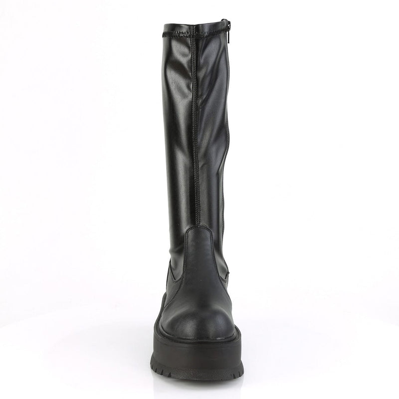 Demonia SLACKER-200 Knee High Boot (Black Stretch Vegan Leather)