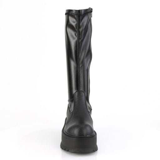 Demonia SLACKER-200 Knee High Boot (Black Stretch Vegan Leather)