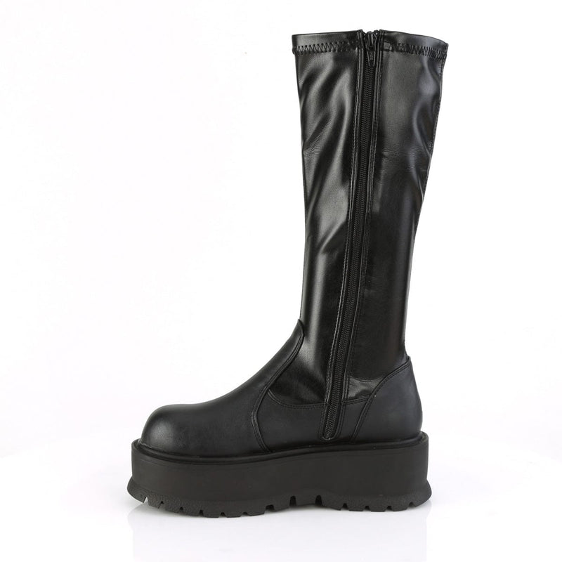 Demonia SLACKER-200 Knee High Boot (Black Stretch Vegan Leather)