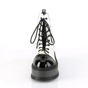 Demonia SLACKER-88 Ankle Boot (White Glow Vegan Leather-Black Patent)