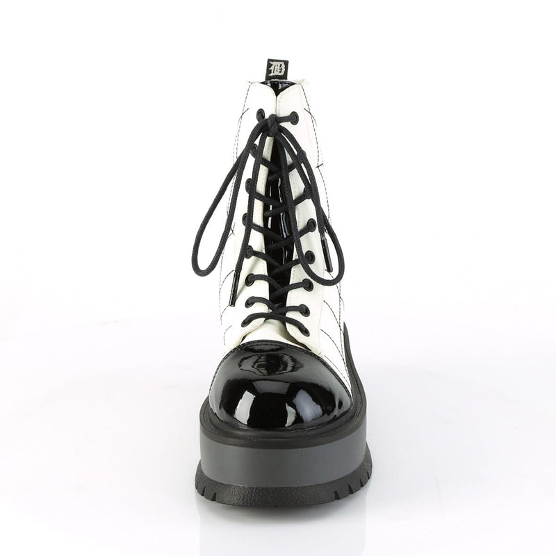 Demonia SLACKER-88 Ankle Boot (White Glow Vegan Leather-Black Patent)