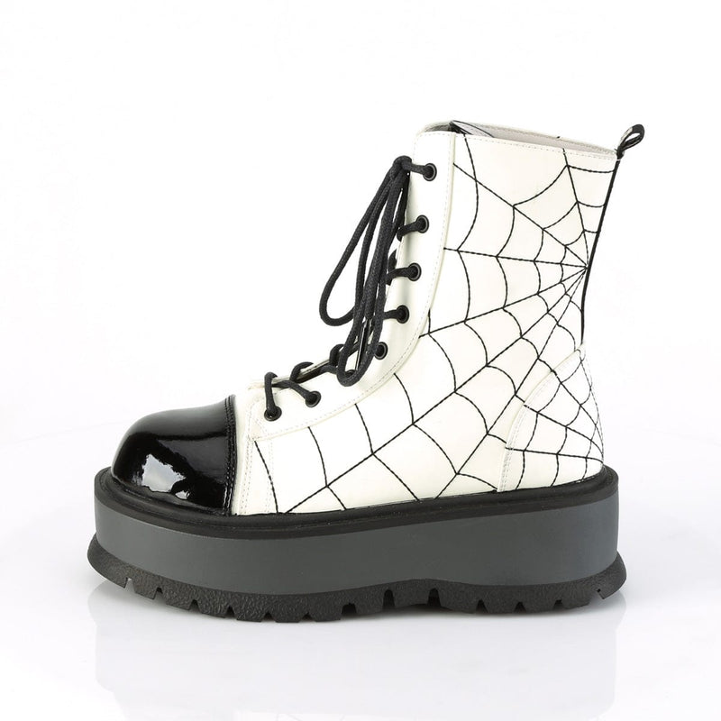 Demonia SLACKER-88 Ankle Boot (White Glow Vegan Leather-Black Patent)