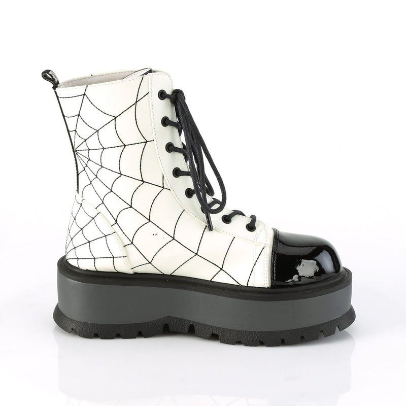 Demonia SLACKER-88 Ankle Boot (White Glow Vegan Leather-Black Patent)