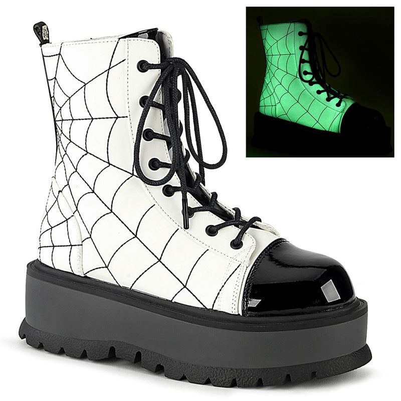 Demonia SLACKER-88 Ankle Boot (White Glow Vegan Leather-Black Patent)