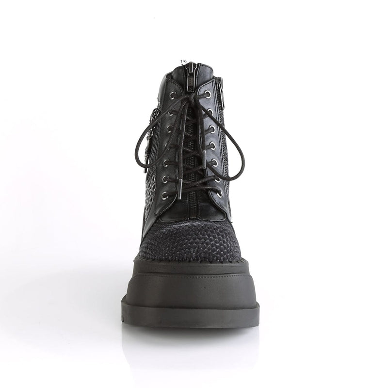 Demonia STOMP-18 Ankle Boot (Black Vegan Leather-Grey Velvet)
