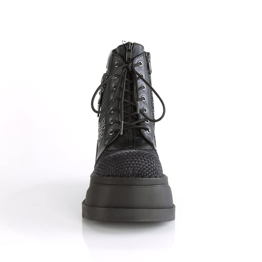 Demonia STOMP-18 Ankle Boot (Black Vegan Leather-Grey Velvet)