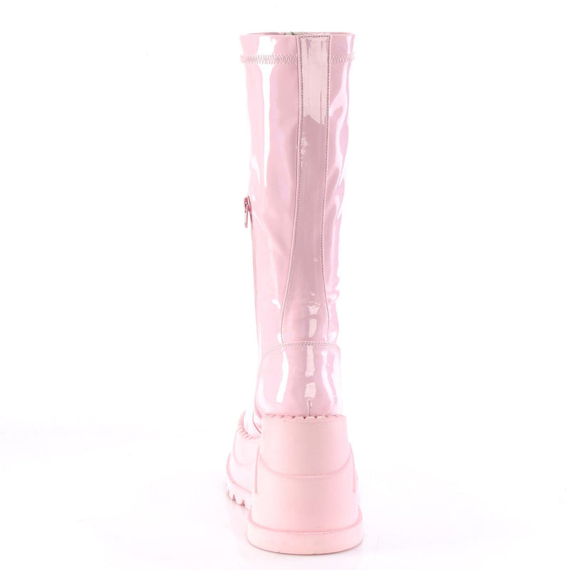 Demonia STOMP-200 Knee High Boot (Baby Pink Hologram Stretch Patent)
