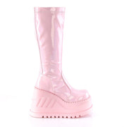 Demonia STOMP-200 Knee High Boot (Baby Pink Hologram Stretch Patent)