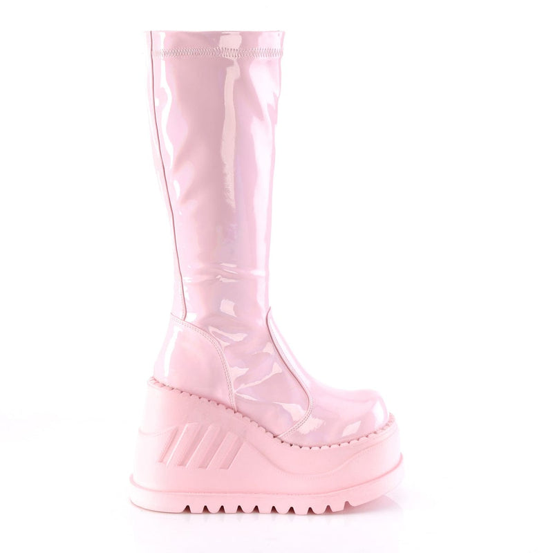 Demonia STOMP-200 Knee High Boot (Baby Pink Hologram Stretch Patent)