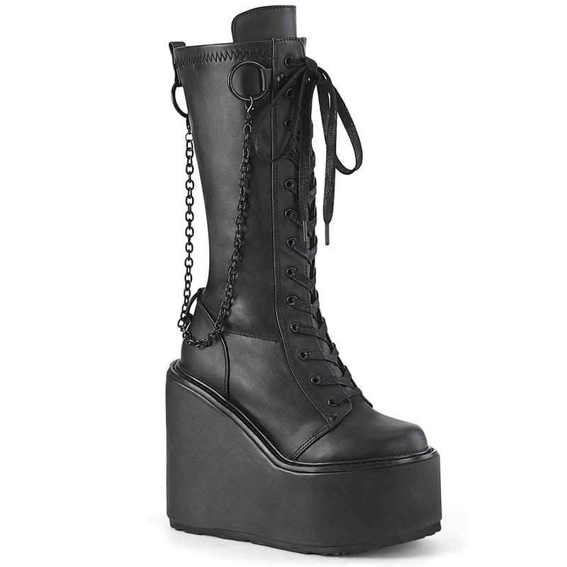 Demonia SWING-150 Knee High Boot (Black Stretch Vegan Leather)