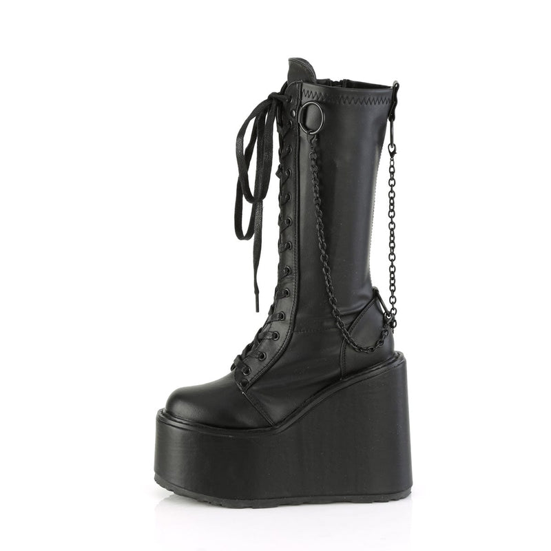 Demonia SWING-150 Knee High Boot (Black Stretch Vegan Leather)