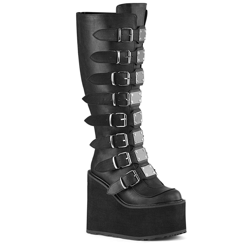 Demonia SWING-815WC Knee High Boot (Black Vegan Leather)