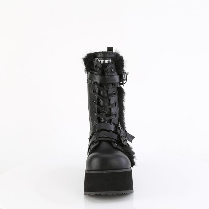 Demonia TRASHVILLE-218 Mid-Calf Boot (Black Vegan Leather-Faux Fur)