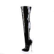 Devious DAGGER-3000 Thigh High Boot (Black Stretch Patent)