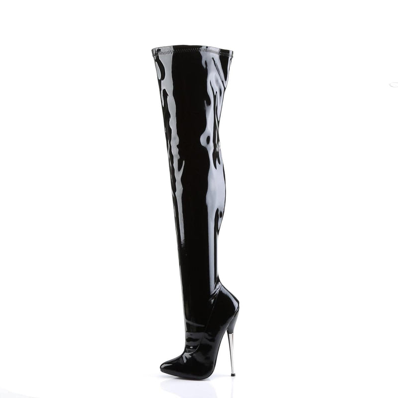 Devious DAGGER-3000 Thigh High Boot (Black Stretch Patent)