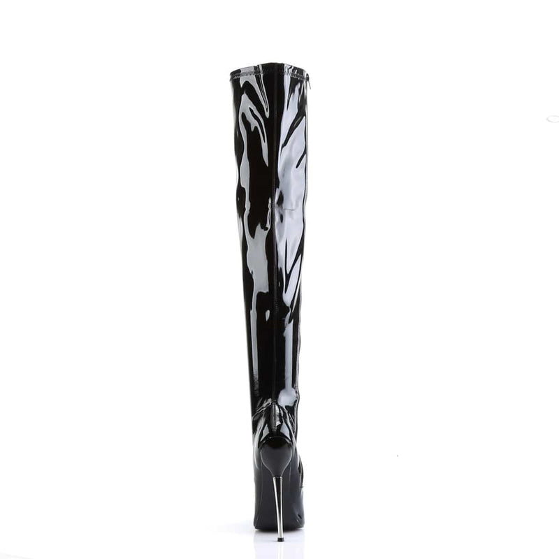 Devious DAGGER-3000 Thigh High Boot (Black Stretch Patent)