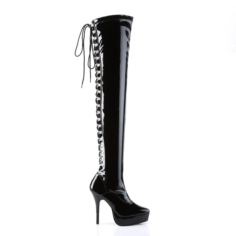 Devious INDULGE-3063 Thigh High Boot (Black Stretch Patent)