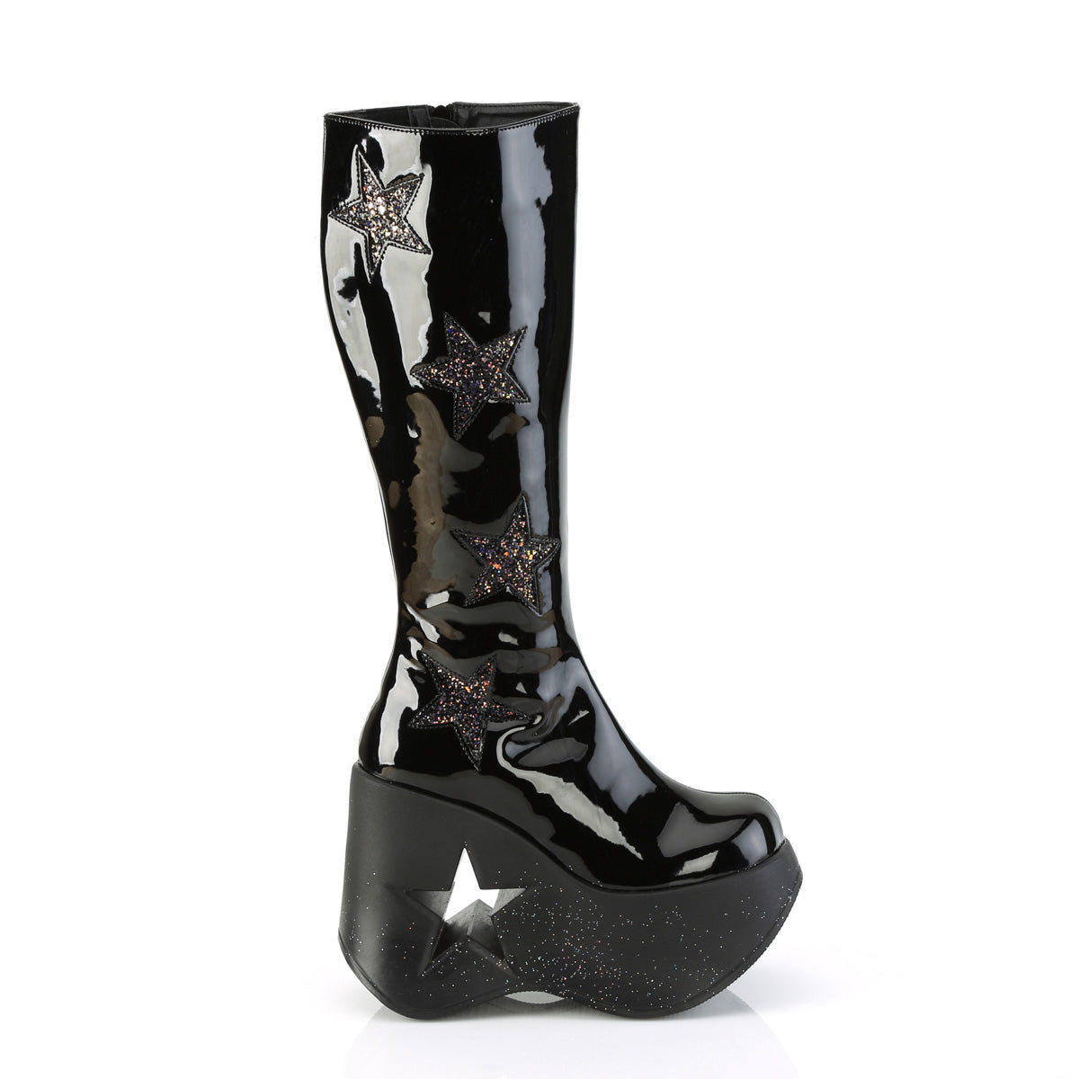 DYNAMITE-218 Black Pat-Black Knee Boots