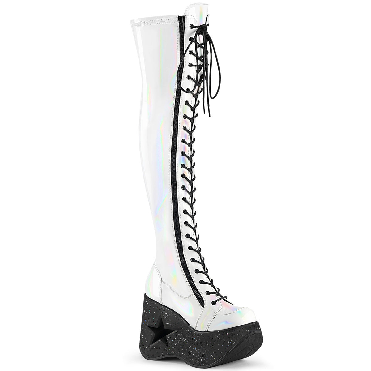 DYNAMITE-300 White Holo Thigh Boots