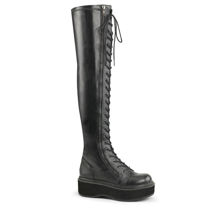 EMILY-375 Black Stretch Vegan Leather Thigh Boot