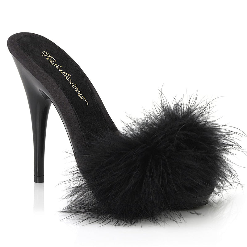 Fabulicious POISE-501F Slide (Black Satin-Marabou Fur/Black)