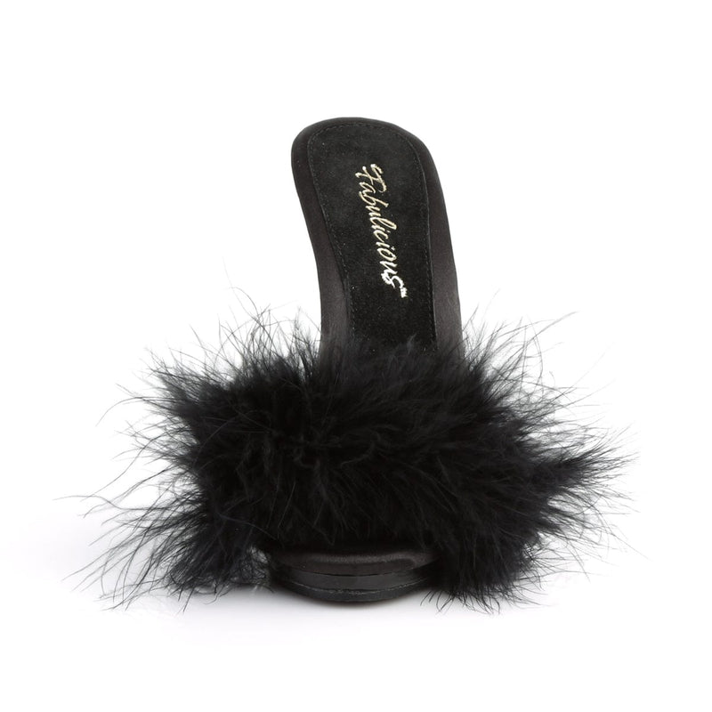 Fabulicious POISE-501F Slide (Black Satin-Marabou Fur/Black)
