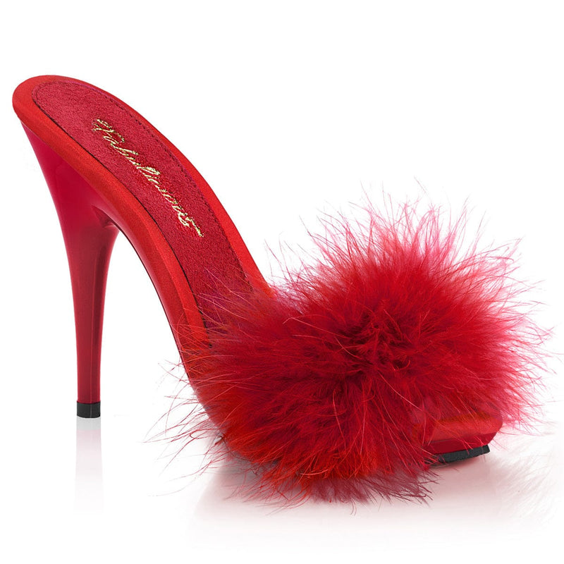 Fabulicious POISE-501F Slide (Red Satin-Marabou Fur/Red)