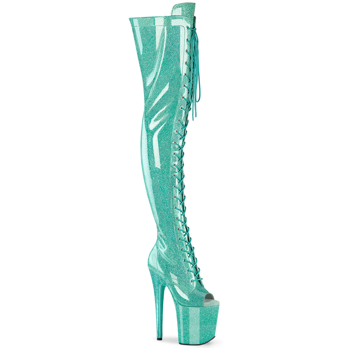 FLAMINGO-3021GP Aqua Glitter Patent Thigh High Boots