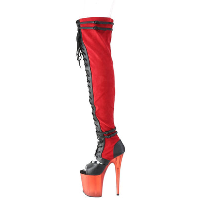 FLAMINGO-3027 Red Faux Suede-Black Faux Leather/Frosted Red Thigh Highs