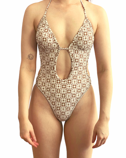 Brown Checkered Floral One Piece
