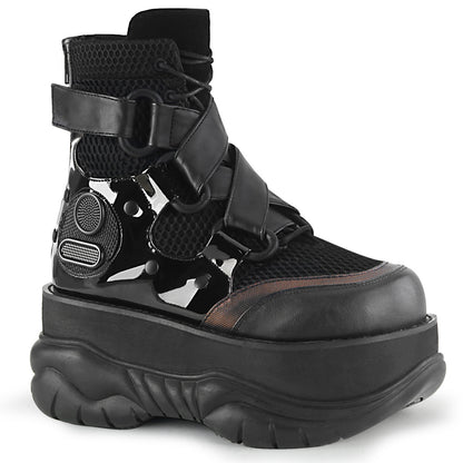 NEPTUNE-126 Black Vegan Leather-Fishnet Fabric-Patent Ankle Boot