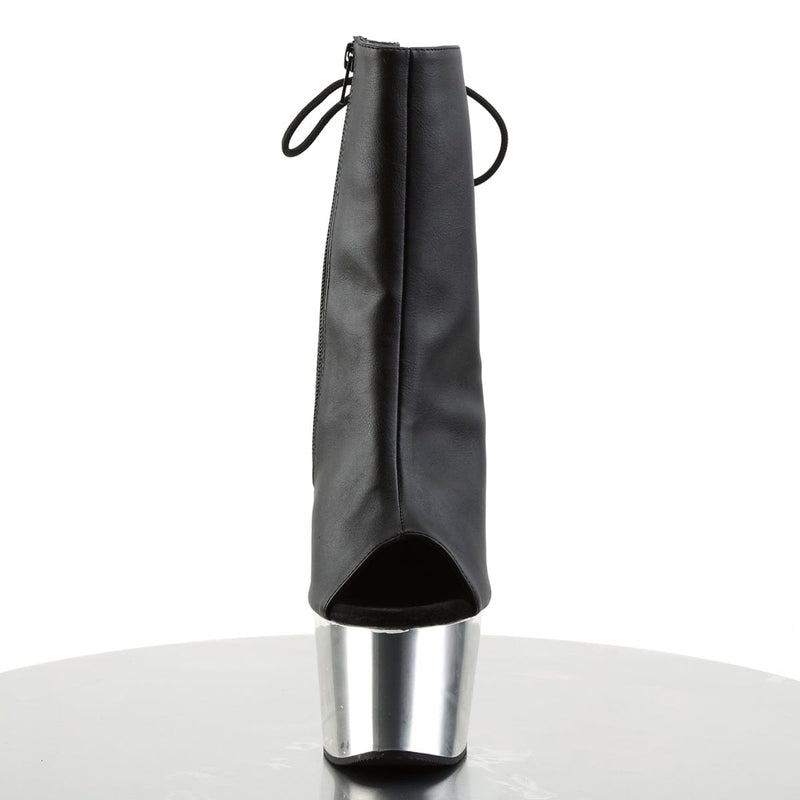 Pleaser ADORE-1018 Platform Ankle Boot (Black Faux Leather/Silver Chrome)
