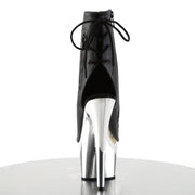 Pleaser ADORE-1018 Platform Ankle Boot (Black Faux Leather/Silver Chrome)