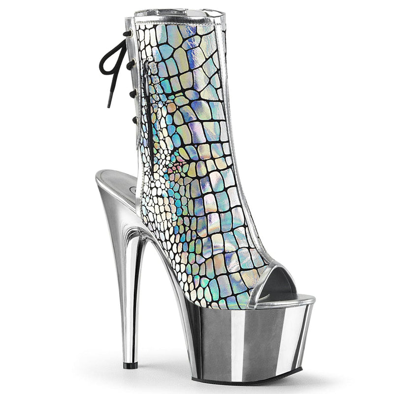 Pleaser ADORE-1018HG Platform Ankle Boot (Silver Hologram Ostrich Pu/Silver Chrome)