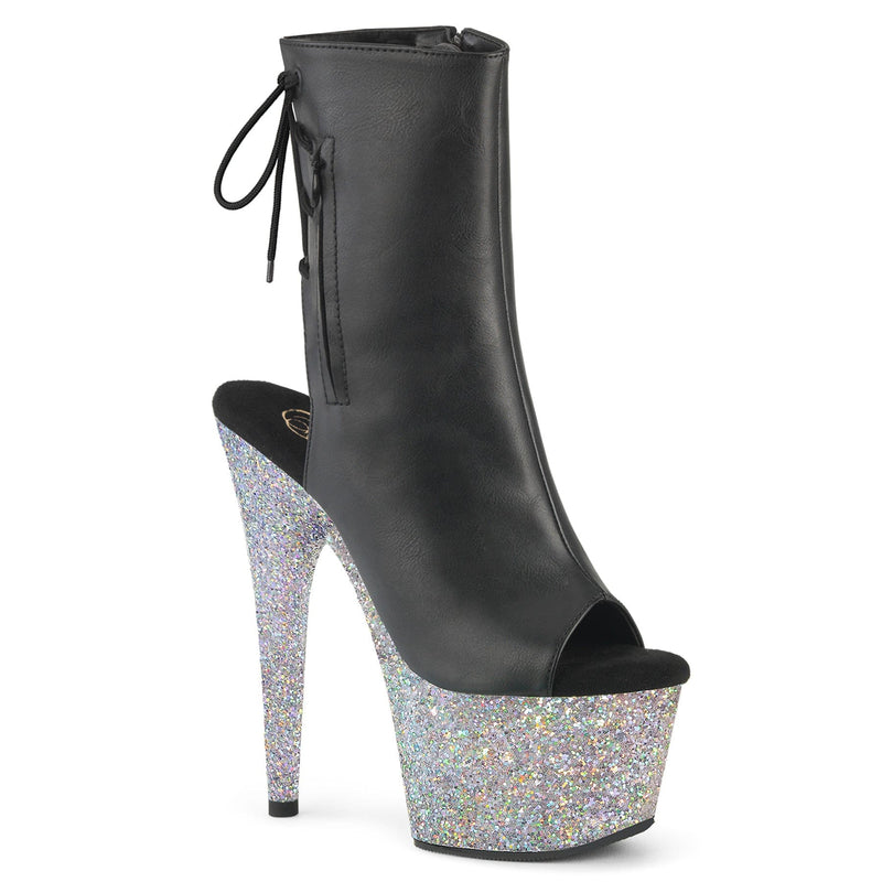 Pleaser ADORE-1018LG Platform Ankle Boot (Black Faux Leather/Silver Multi Glitter)
