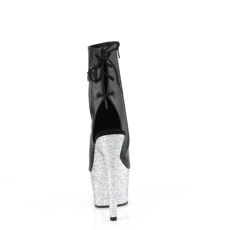 Pleaser ADORE-1018LG Platform Ankle Boot (Black Faux Leather/Silver Multi Glitter)