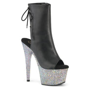 Pleaser ADORE-1018LG Platform Ankle Boot (Black Faux Leather/Silver Multi Glitter)