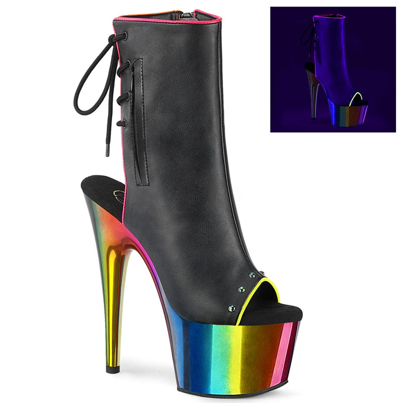 Pleaser ADORE-1018RC-02 Platform Ankle Boot (Black Faux Leather/Rainbow Chrome)