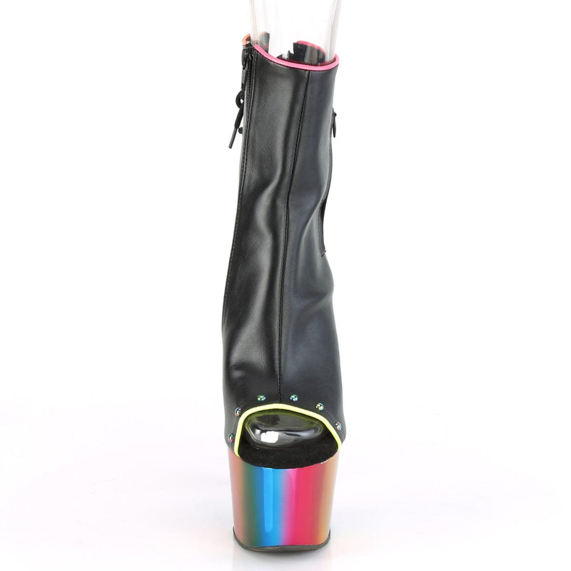 Pleaser ADORE-1018RC-02 Platform Ankle Boot (Black Faux Leather/Rainbow Chrome)