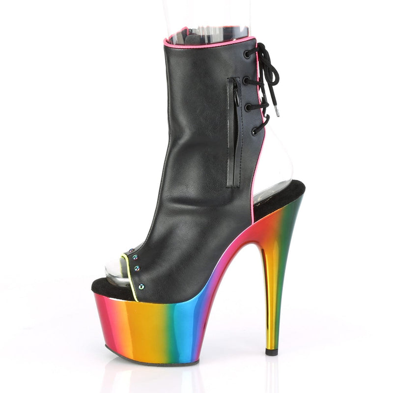 Pleaser ADORE-1018RC-02 Platform Ankle Boot (Black Faux Leather/Rainbow Chrome)