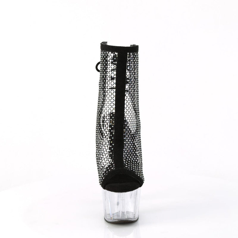Pleaser ADORE-1018RM Platform Ankle Boot (Black Faux Suede-Rhinestone Mesh/Clear)