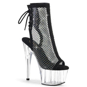 Pleaser ADORE-1018RM Platform Ankle Boot (Black Faux Suede-Rhinestone Mesh/Clear)
