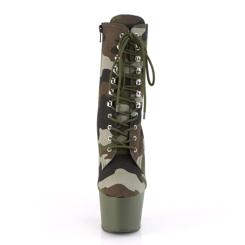 Pleaser ADORE-1020CAMO Platform Ankle Boot (Green Camo Fabric/Dark Olive Matte)