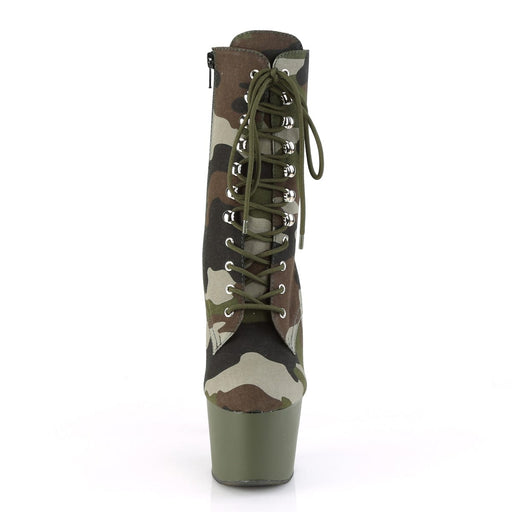 Pleaser ADORE-1020CAMO Platform Ankle Boot (Green Camo Fabric/Dark Olive Matte)