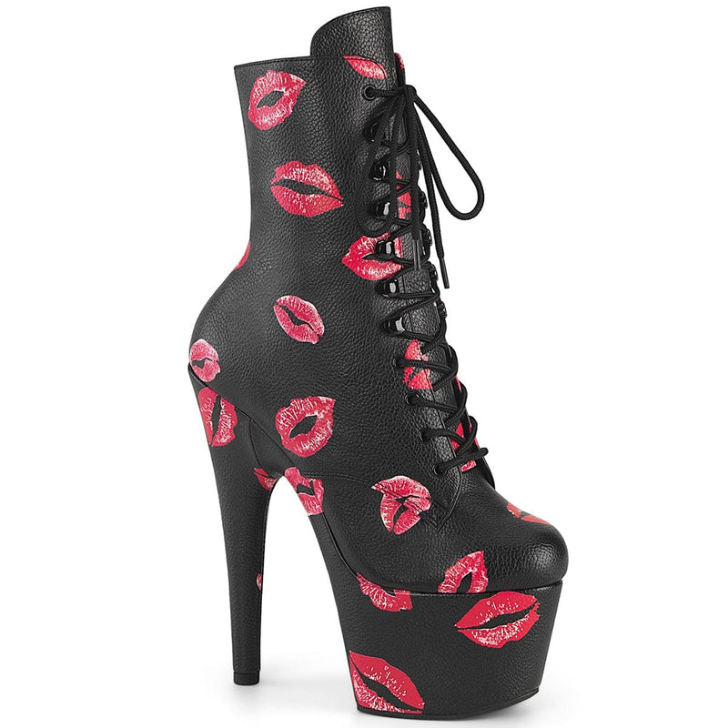 Pleaser ADORE-1020KISSES Platform Ankle Boot (Black Faux Leather/Black Faux Leather)