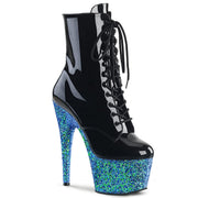 Pleaser ADORE-1020LG Platform Ankle Boot (Black Patent/Blue Multi Glitter)