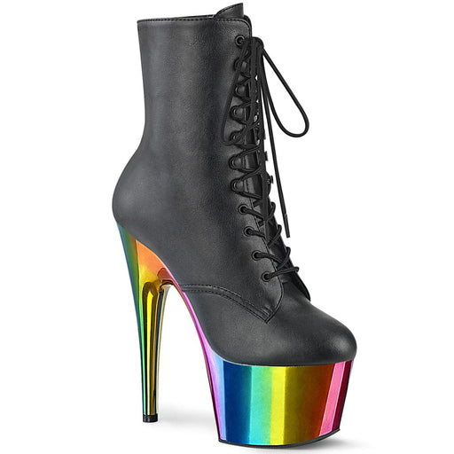 Pleaser ADORE-1020RC Platform Ankle Boot (Black Faux Leather/Rainbow Chrome)