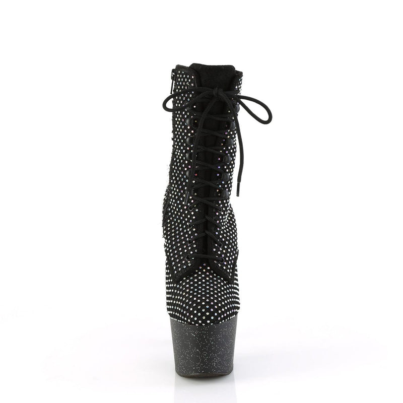 Pleaser ADORE-1020RM Platform Ankle Boot (Black Faux Suede-Rhinestone Mesh/Black Matte)